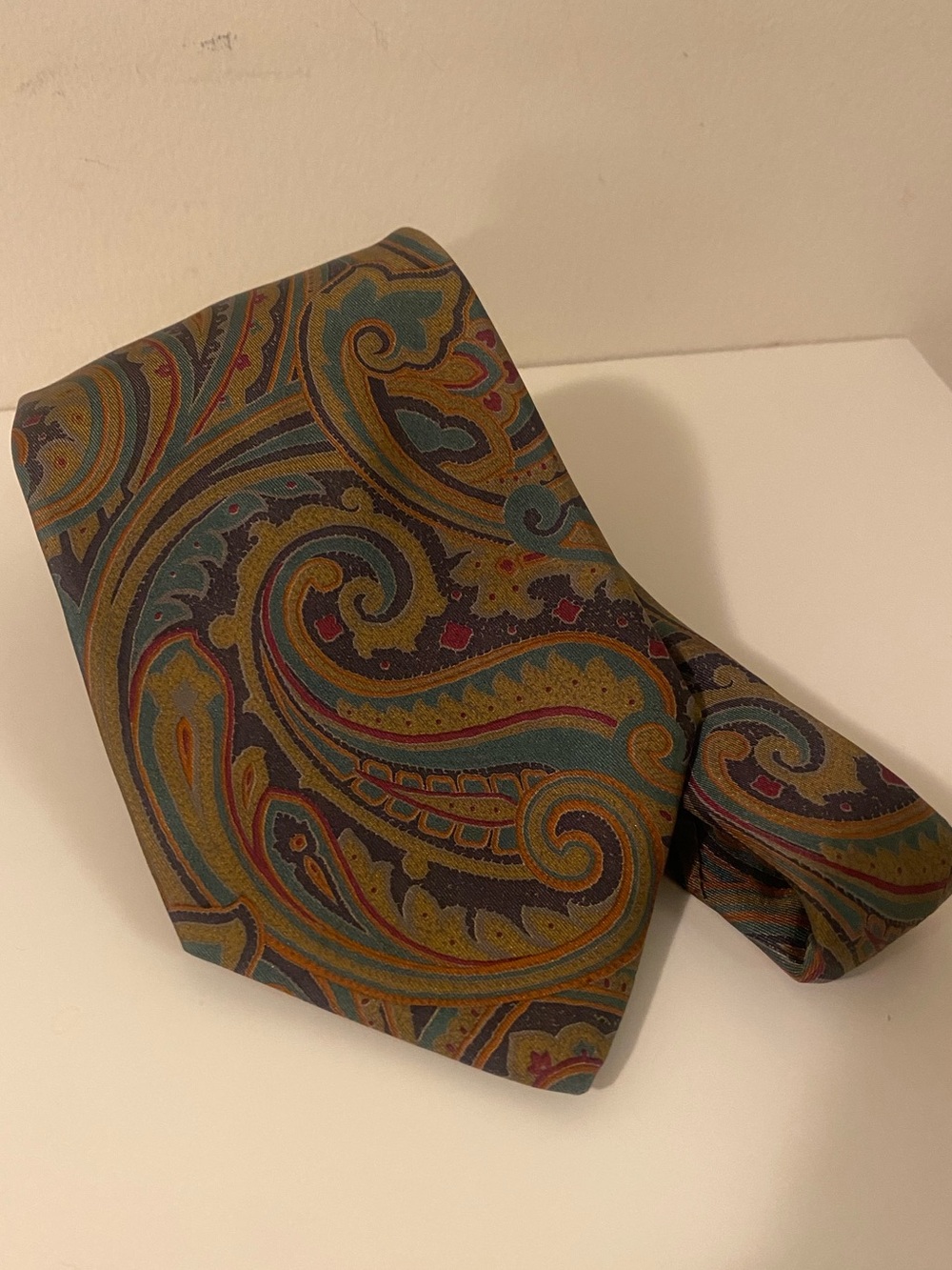 Paco Rabanne Paisley Silk Tie in Teal, Gold, Brown, and Burgundy
